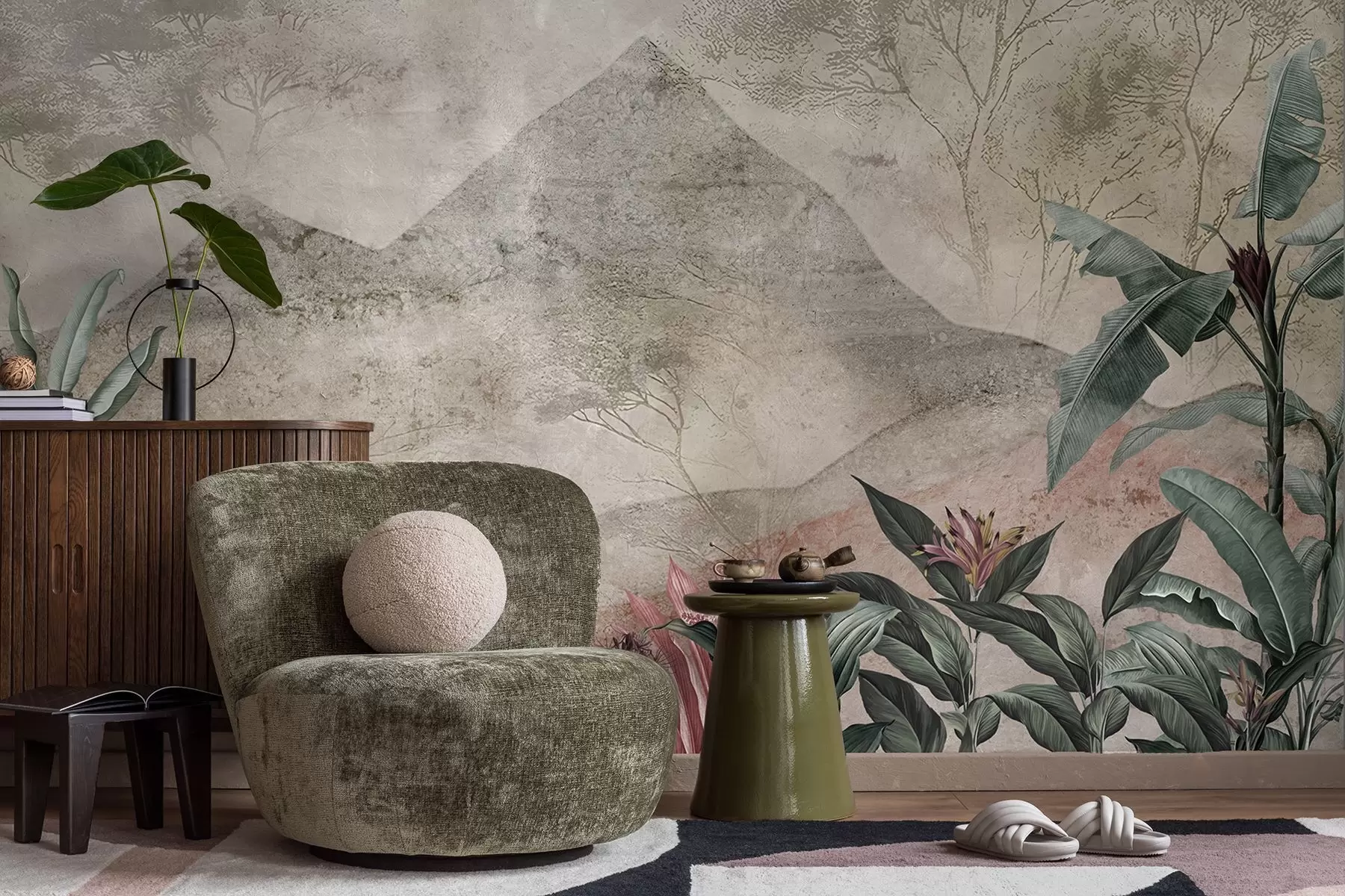 fototapeter Pastellfargede bananblader og tropiske blomster mot fjellene w04933