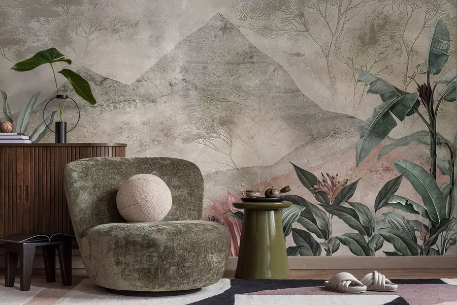 fototapeter Pastellfargede bananblader og tropiske blomster mot fjellene w04933