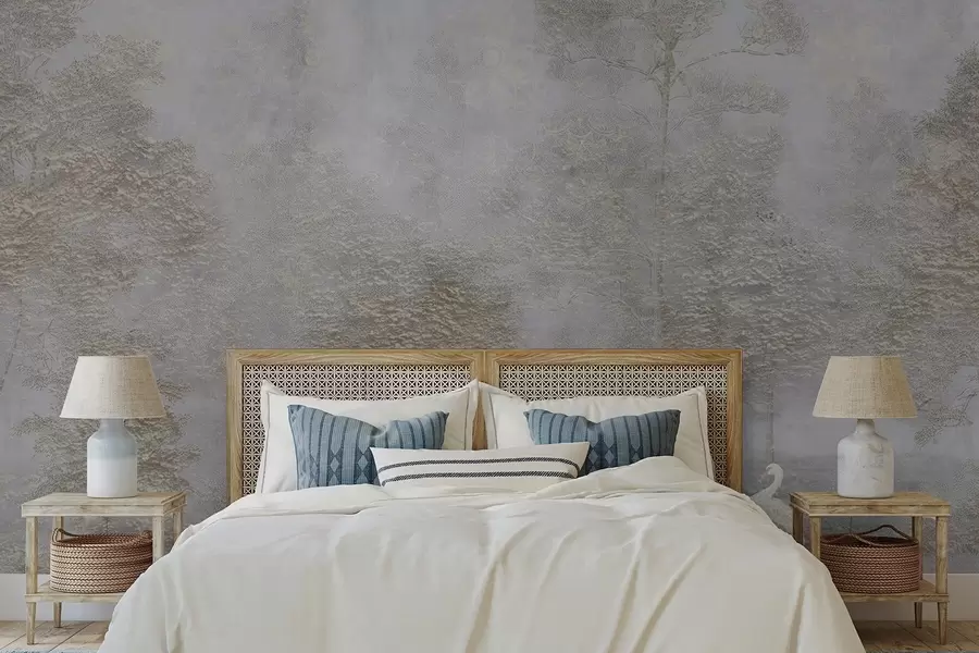 fototapeter Tåkete skog med en hvit hegre og myk tekstur w04953