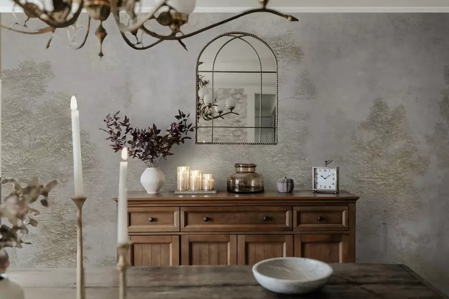 fototapeter Tåkete skog med en hvit hegre og myk tekstur w04953