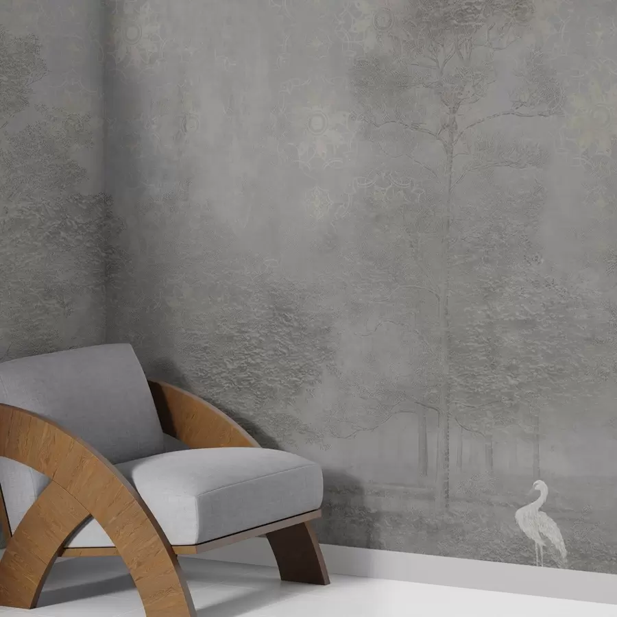 fototapeter Lys, tåkete skog med en hegre i kule gråtoner w04953v2