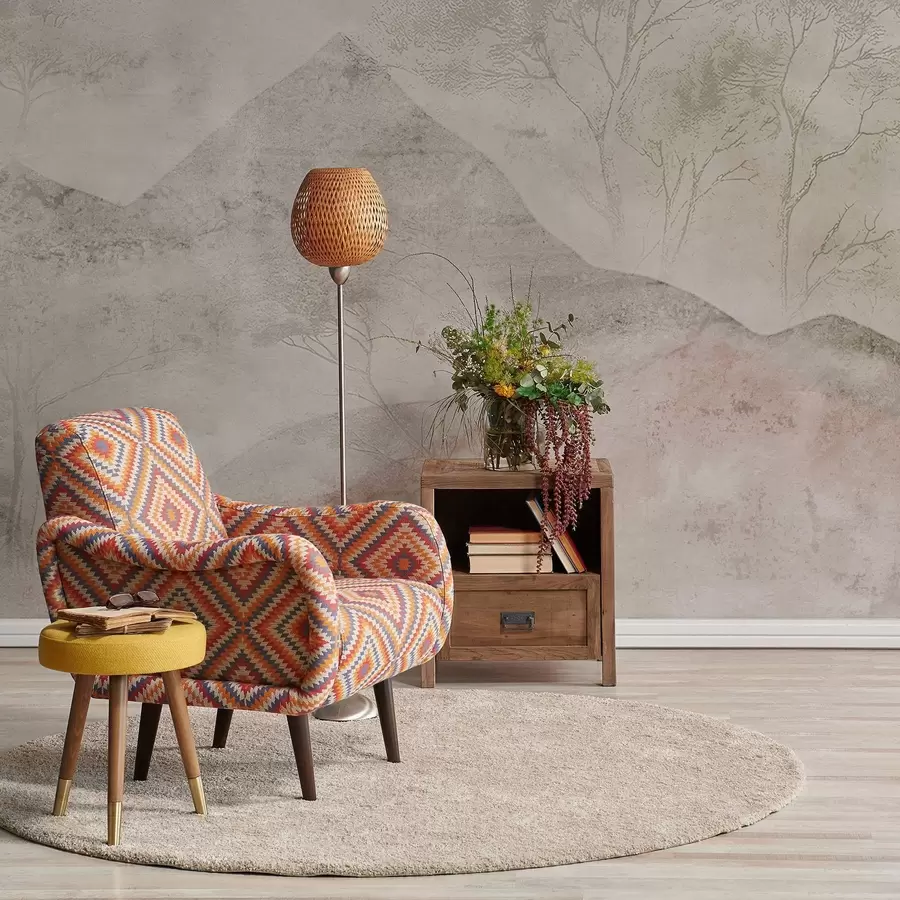 fototapeter Myke pastellfargede fjell og trær i lett tåke w04954