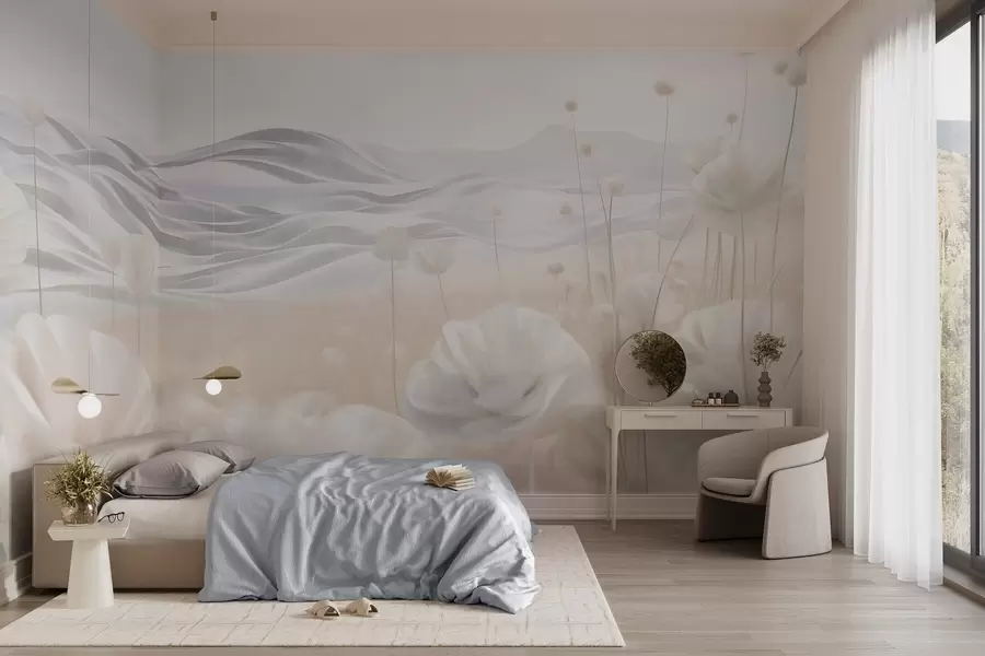 fototapeter Teksturert felt med kremfargede valmuer og bølgende åser under en lyseblå himmel med myke skyer, pastellfarger w09553