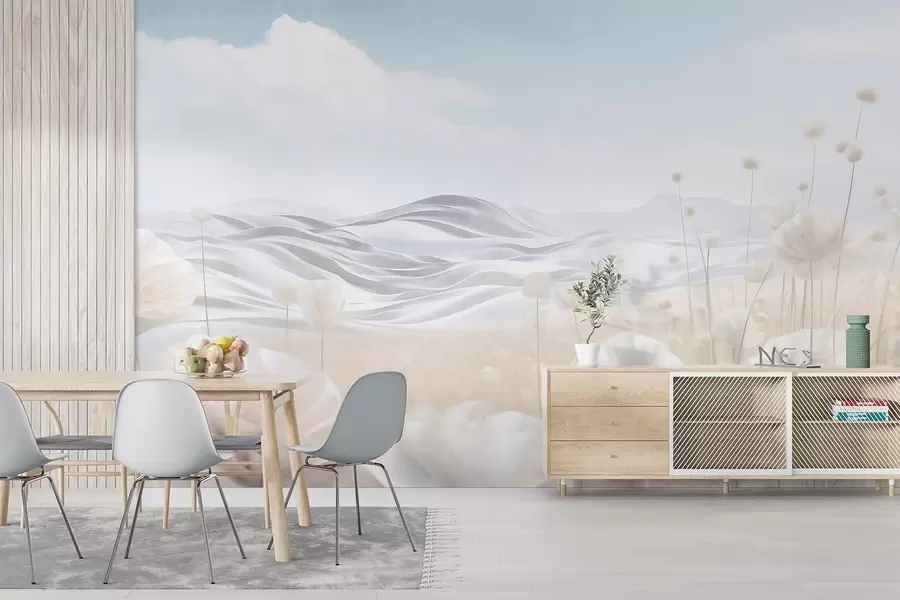 fototapeter Teksturert felt med kremfargede valmuer og bølgende åser under en lyseblå himmel med myke skyer, pastellfarger w09553