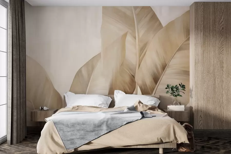 fototapeter Større, lysebrune bananblader med struktur mot en lys beige bakgrunn, med en myk og minimalistisk estetikk w09586