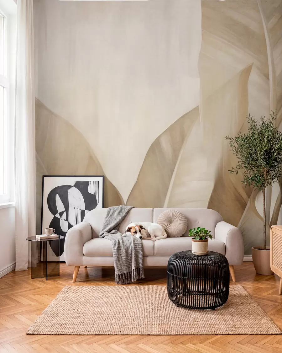 fototapeter Større, lysebrune bananblader med struktur mot en lys beige bakgrunn, med en myk og minimalistisk estetikk w09586