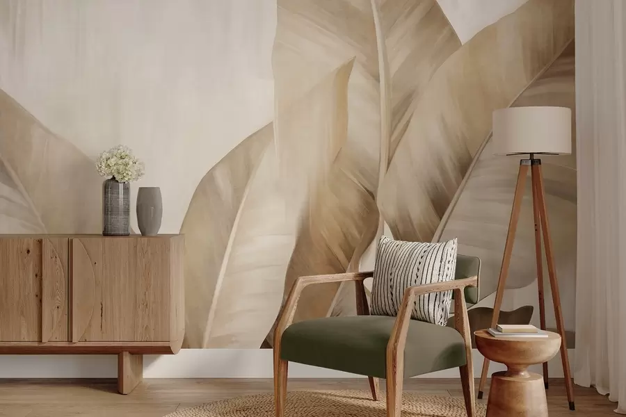 fototapeter Større, lysebrune bananblader med struktur mot en lys beige bakgrunn, med en myk og minimalistisk estetikk w09586