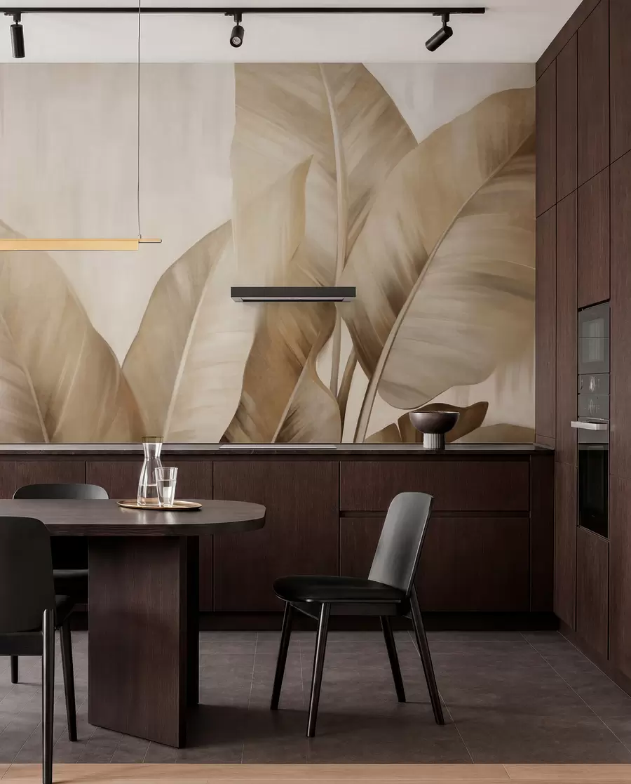 fototapeter Større, lysebrune bananblader med struktur mot en lys beige bakgrunn, med en myk og minimalistisk estetikk w09586
