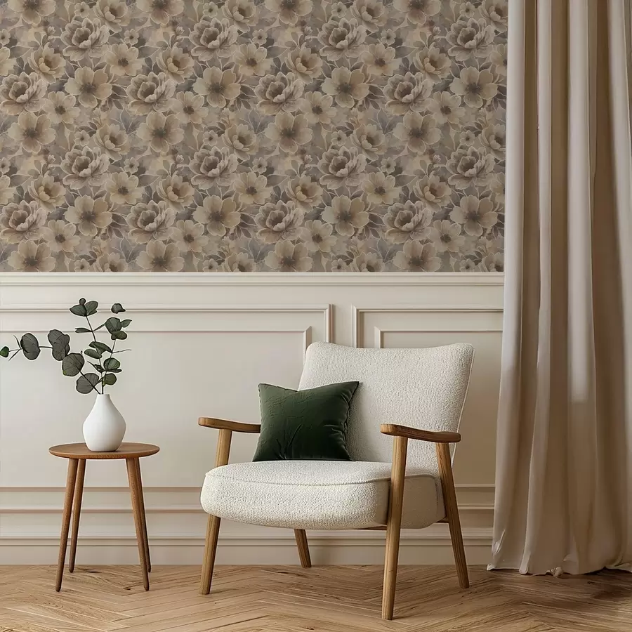 fototapeter Maleriaktige beige blomster på en røykfylt abstrakt bakgrunn a00884