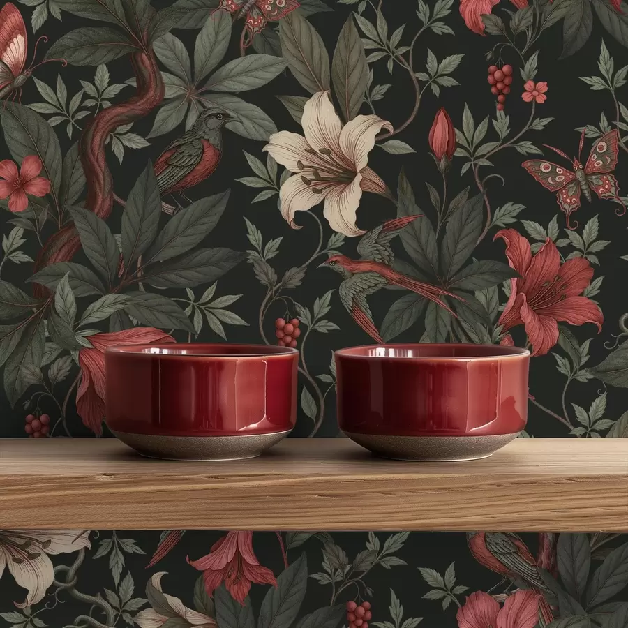 fototapeter Mørke jungelblomster med fugler og sommerfugler a00895