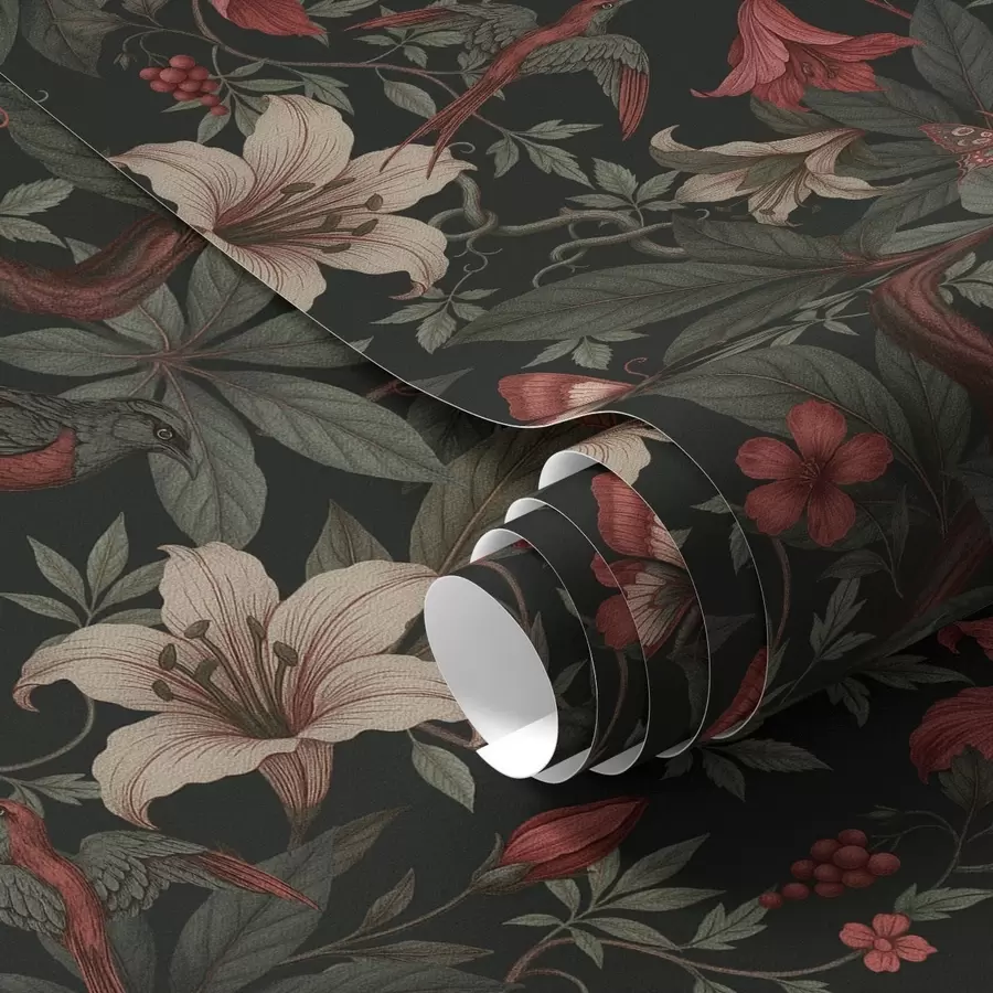 fototapeter Mørke jungelblomster med fugler og sommerfugler a00895