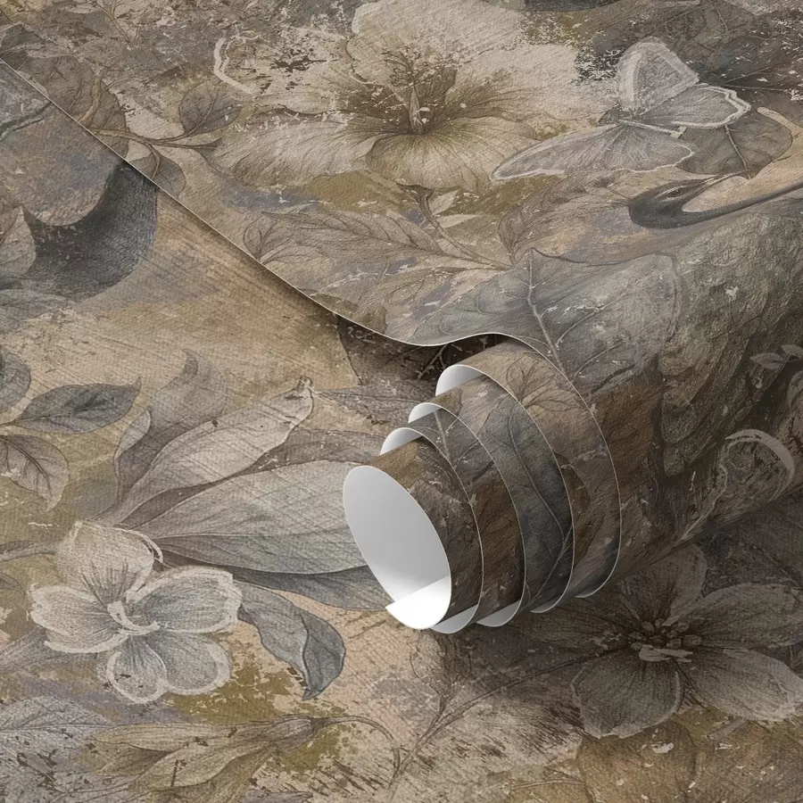 fototapeter Gammel blomstercollage med påfugler og sommerfugler a00897