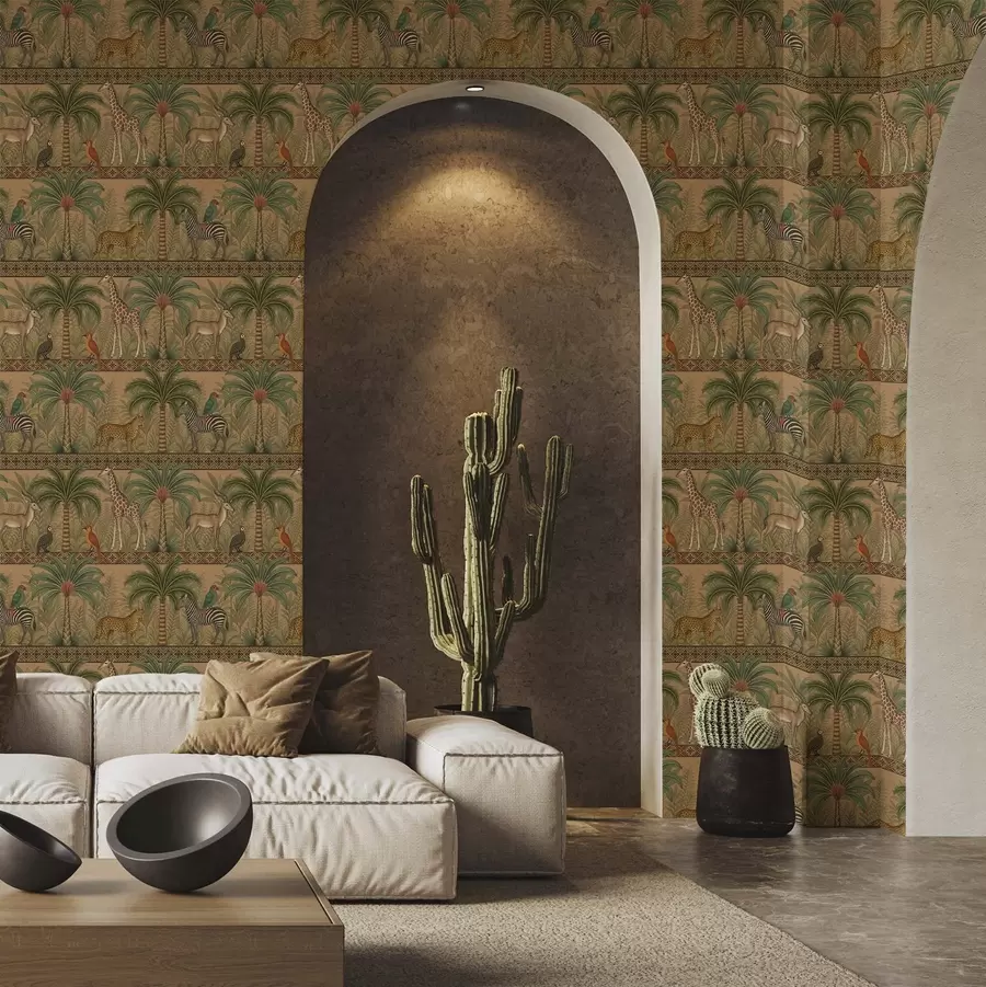 fototapeter Dekorative savannedyr mellom palmer og kanter a00898