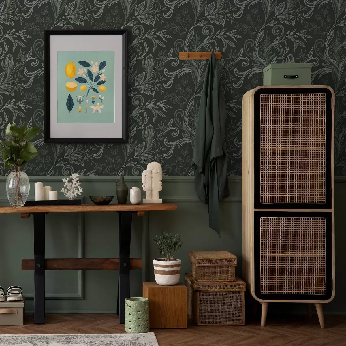 Bakgrunn Dype skogskrøllede blader i krittgrønne toner a00935v2