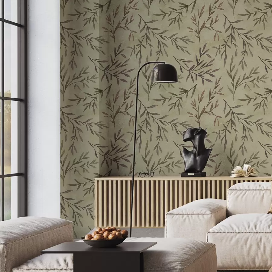 fototapeter Lilla og grønne grener med blader på en varm bakgrunn a00936v4