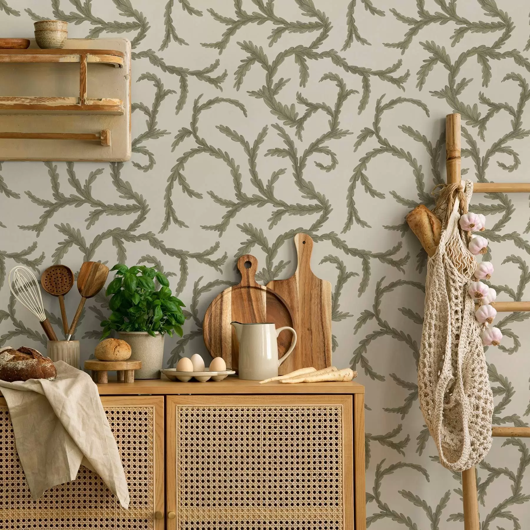 fototapeter Myke grønne barrkrøller på lys bakgrunn a00938