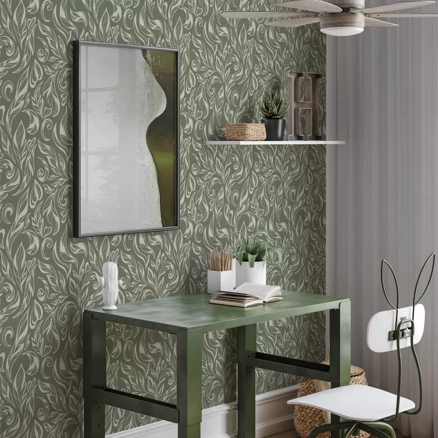 fototapeter Kremfarget bladornament på grønngrå bakgrunn a00940v2