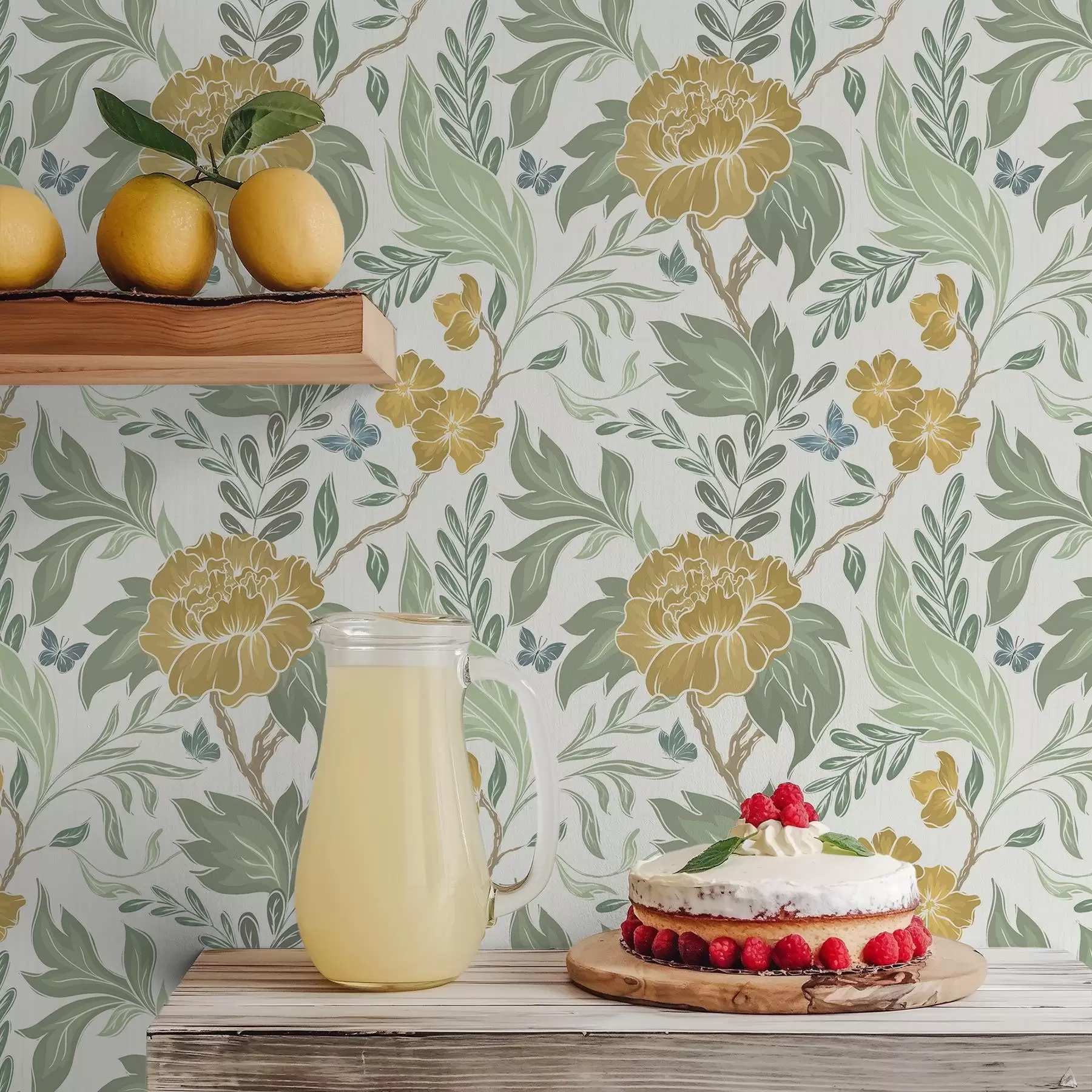 fototapeter Store gule pioner og grønt på lys bakgrunn a00941