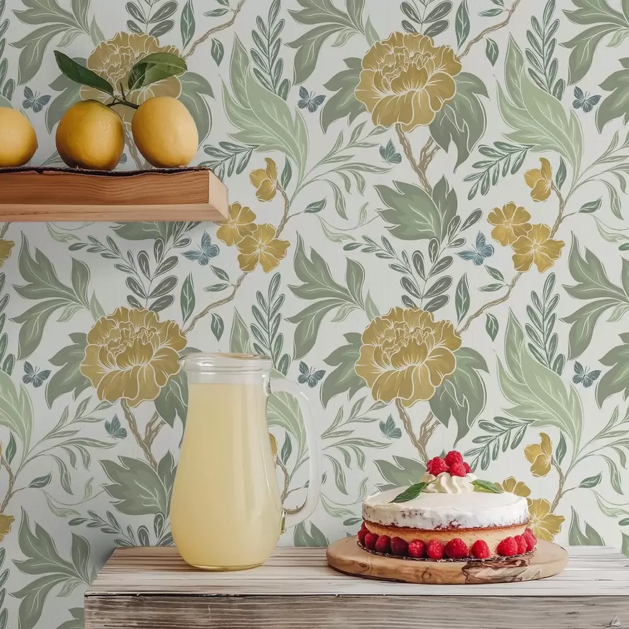 fototapeter Store gule pioner og grønt på lys bakgrunn a00941