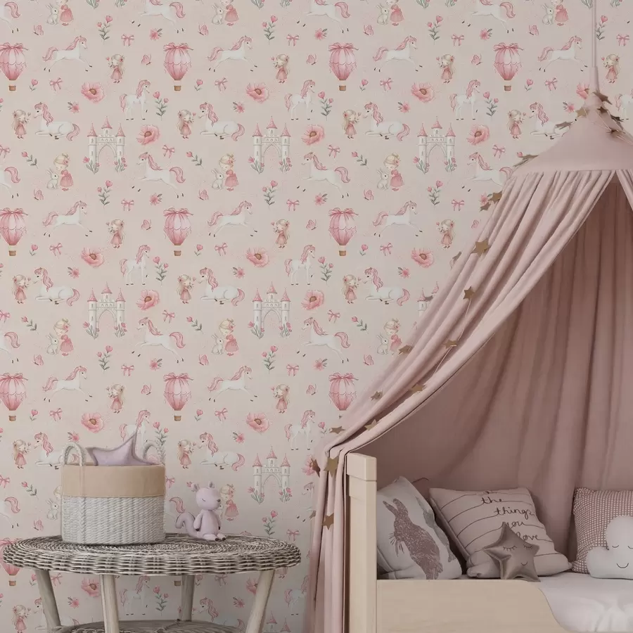 fototapeter Rosa enhjørninger, små jenter og et slott på en myk bakgrunn a00957