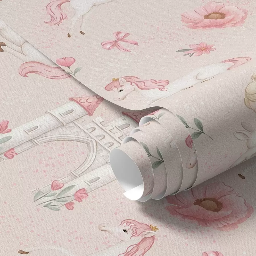 fototapeter Rosa enhjørninger, små jenter og et slott på en myk bakgrunn a00957