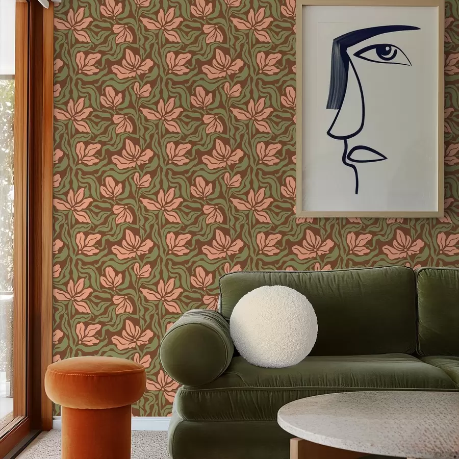 fototapeter Ferskenblomster og grønt på en mørk brun bakgrunn a00958v2