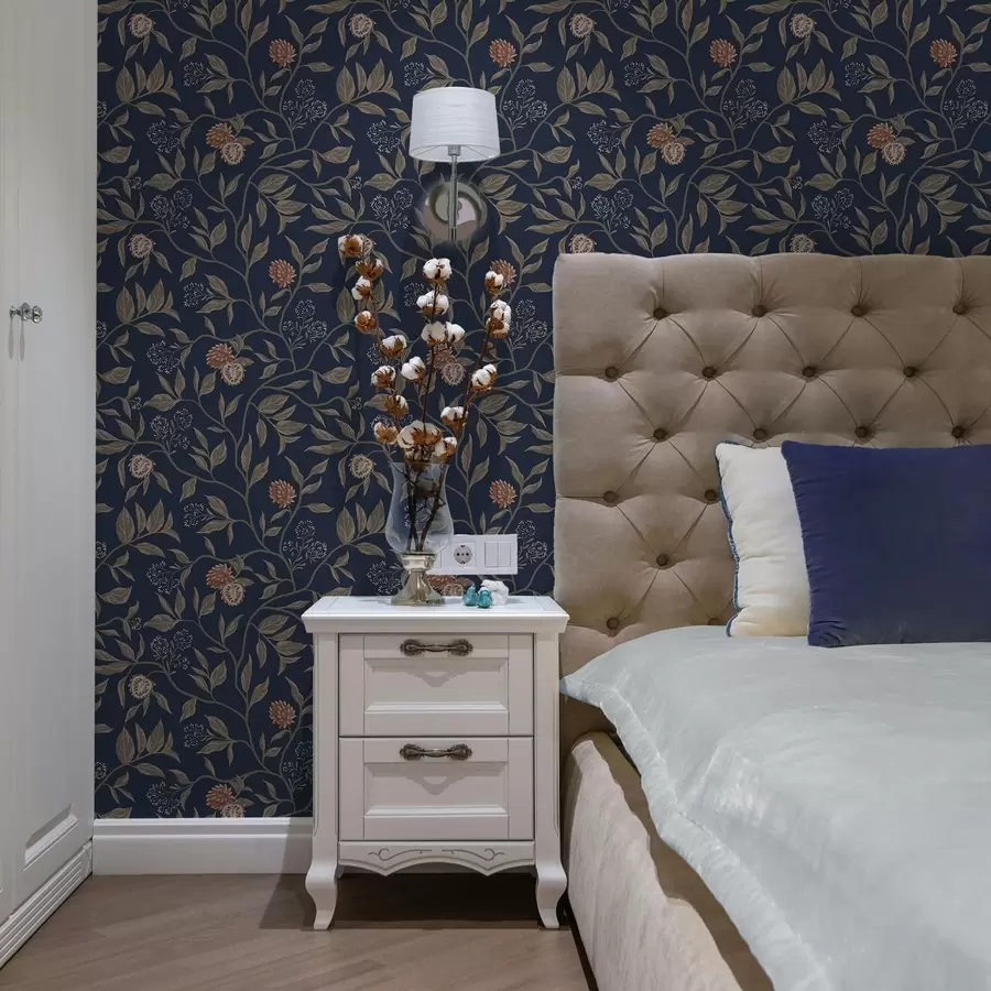 fototapeter Blå hage med grener, frukt og små blomster a00959