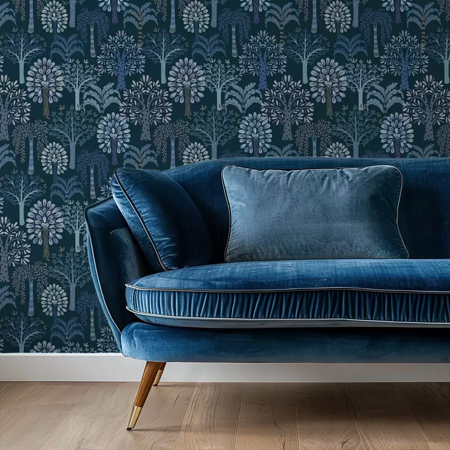 fototapeter Natteskog med dekorative trær i blå nyanser a00960v2