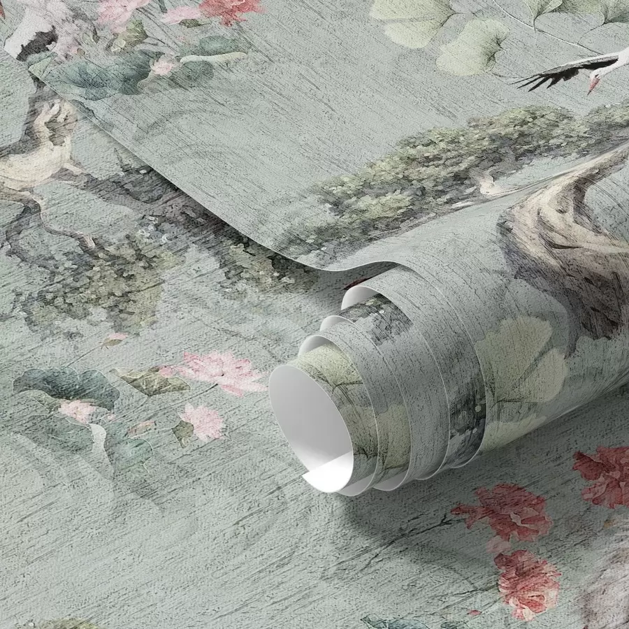 fototapeter Kraner blant furutrær og lotusblomster på en rolig grønn bakgrunn a00962