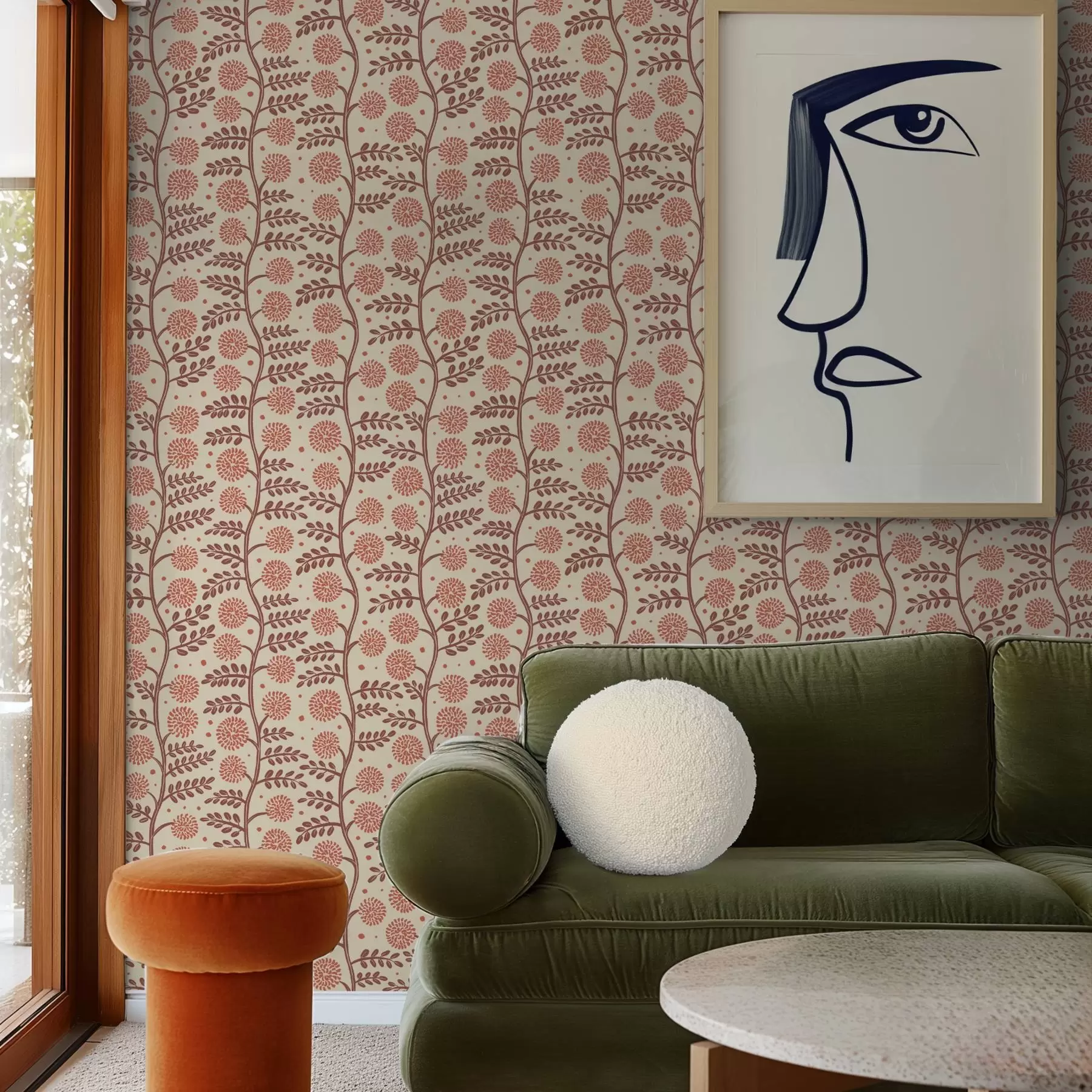 fototapeter Terrakotta stilker med korallfargede, fluffy blomster på kremfarget bakgrunn a00997v1