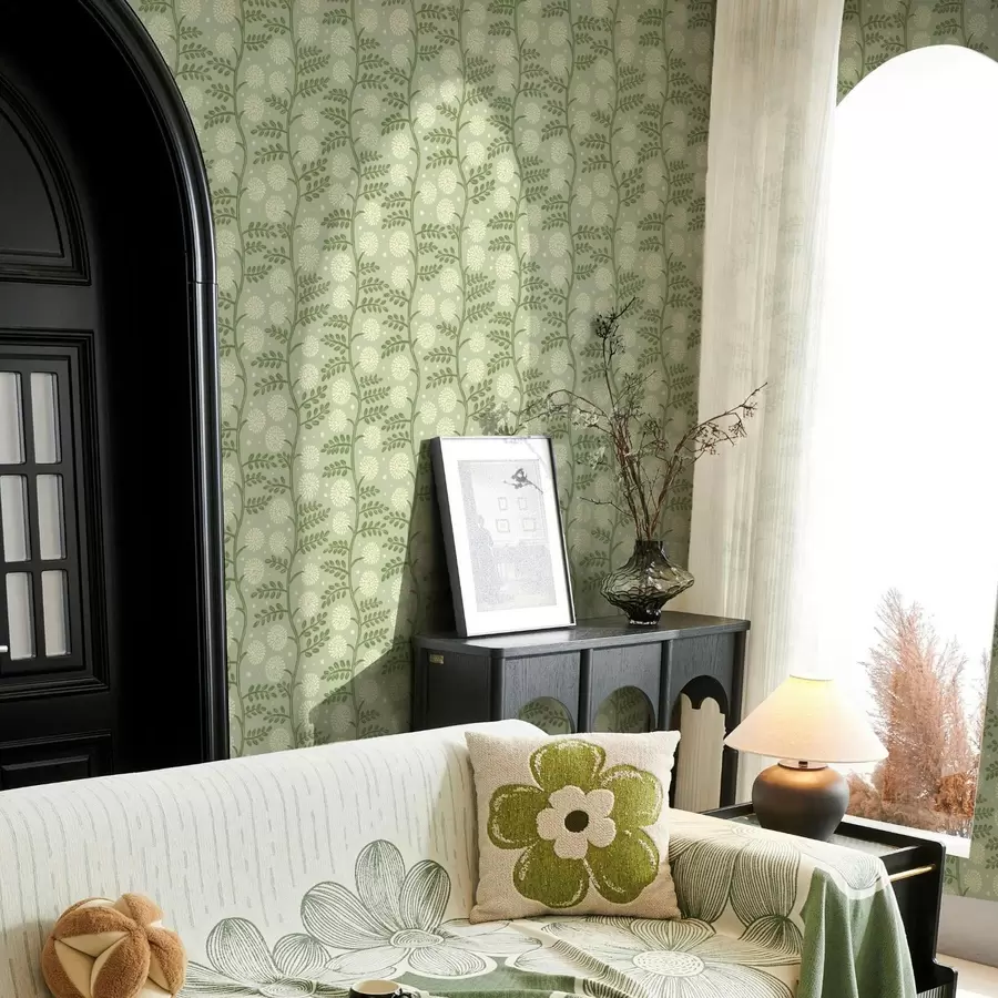 fototapeter Salviegrønne stilker med elfenbensfargede, fluffy blomster og prikker a00997v2