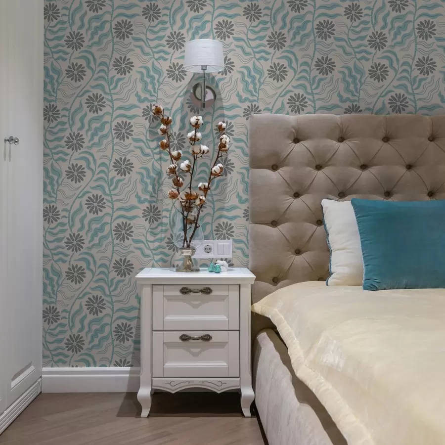 fototapeter Abstrakte blomster og bølgete blader i myke blåtoner a00998v1