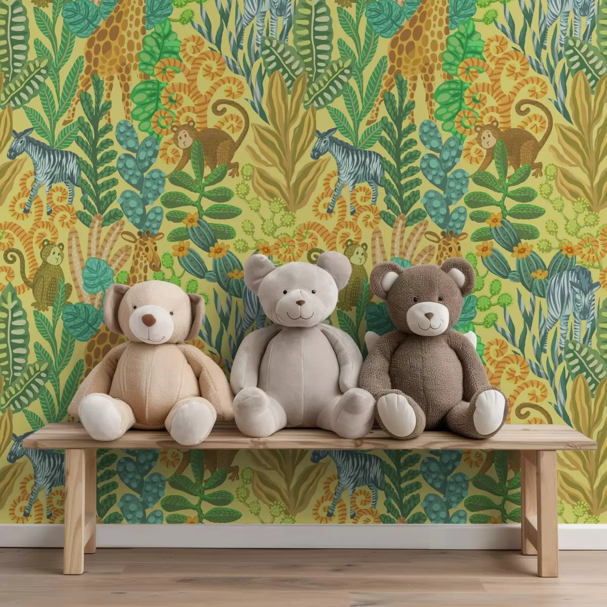 Bakgrunn Giraff, sebra og ape i en lysegul savanne a01000v1