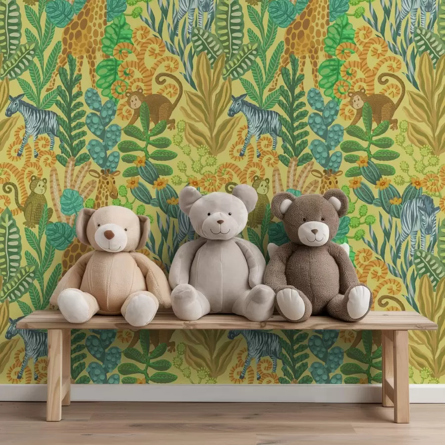 fototapeter Giraff, sebra og ape i en lysegul savanne a01000v1