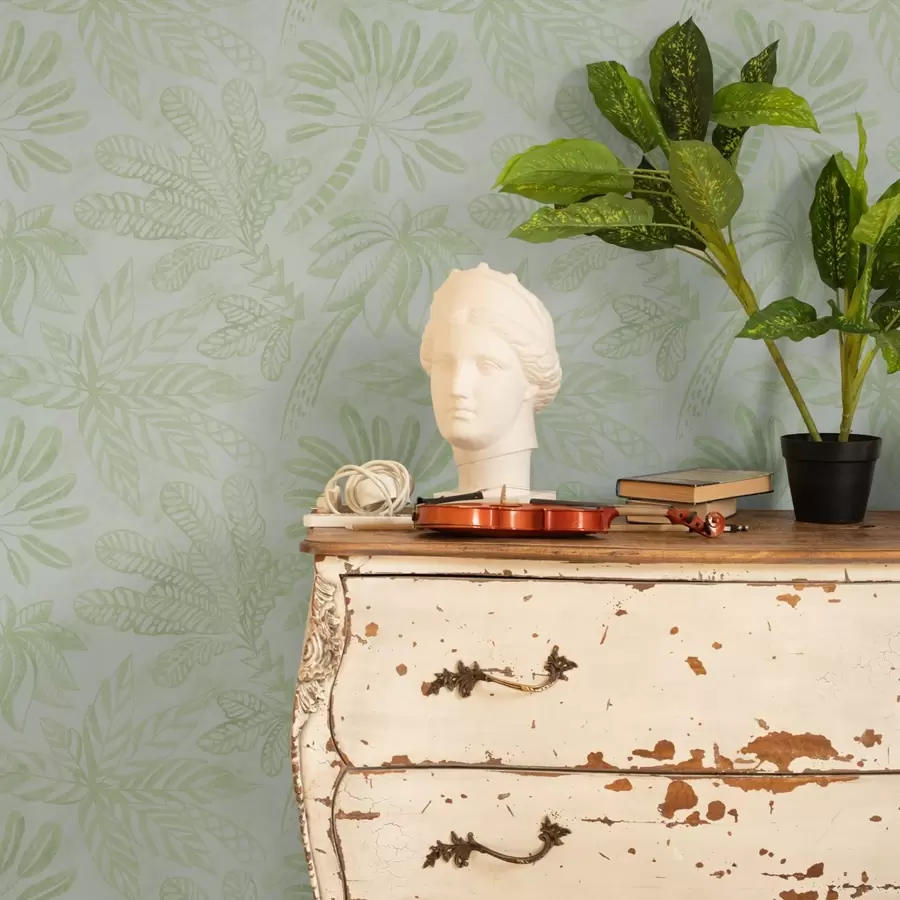 fototapeter Skisserte tropiske blader i friske lysegrønne toner a01001v1