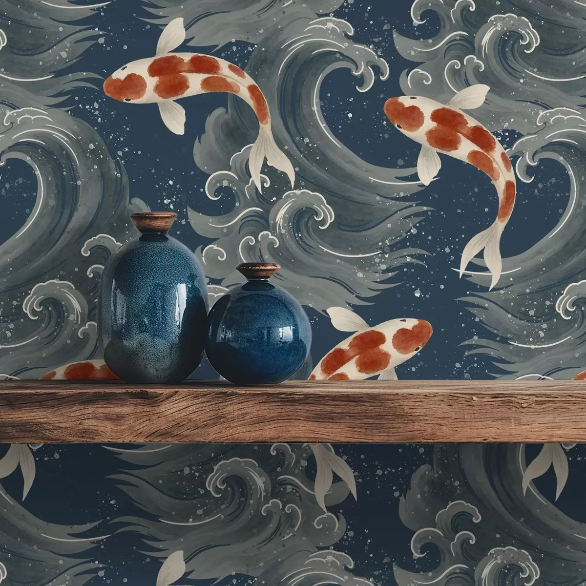 Bakgrunn Koi-fisk som svømmer blant dramatiske havbølger a01019