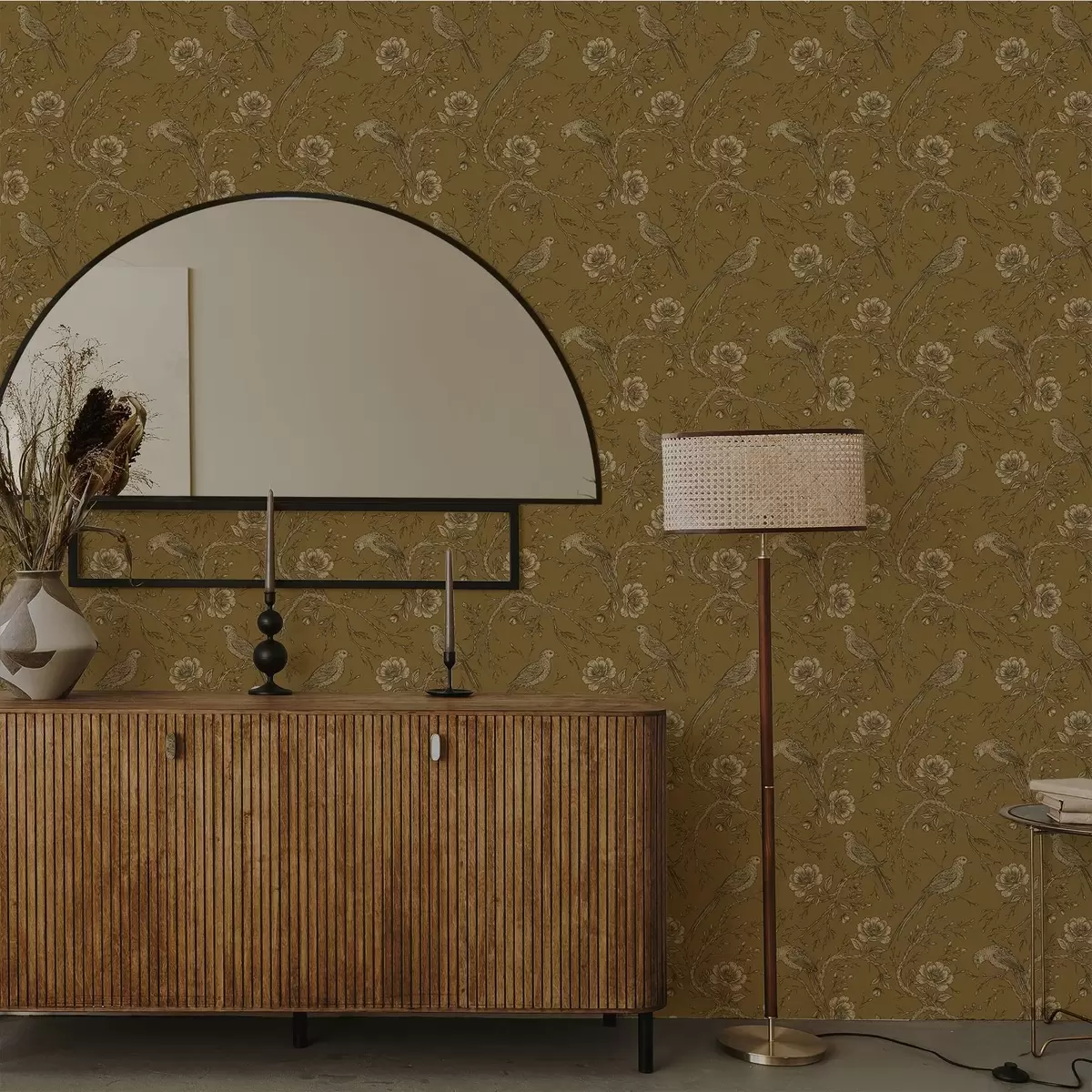 Bakgrunn Vintage fugler og blomster på en varm olivenbakgrunn a01022v1