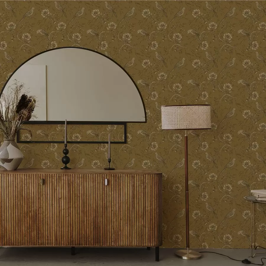 fototapeter Vintage fugler og blomster på en varm olivenbakgrunn a01022v1