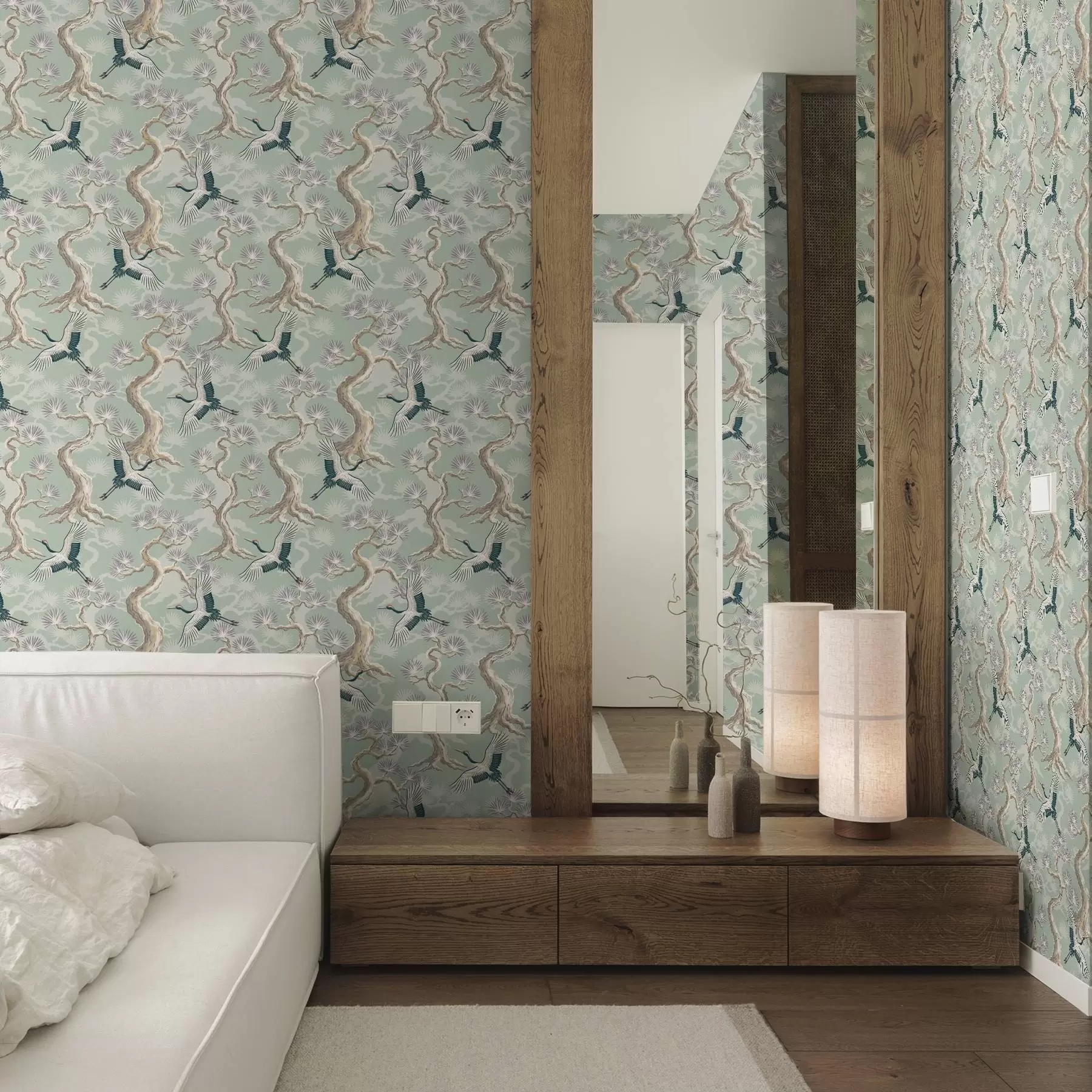 fototapeter Kraner blant buede grener på en myk salviefarget bakgrunn a01023