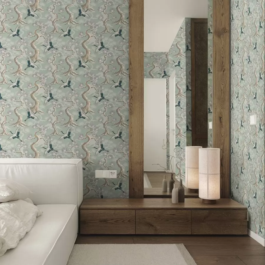 fototapeter Kraner blant buede grener på en myk salviefarget bakgrunn a01023