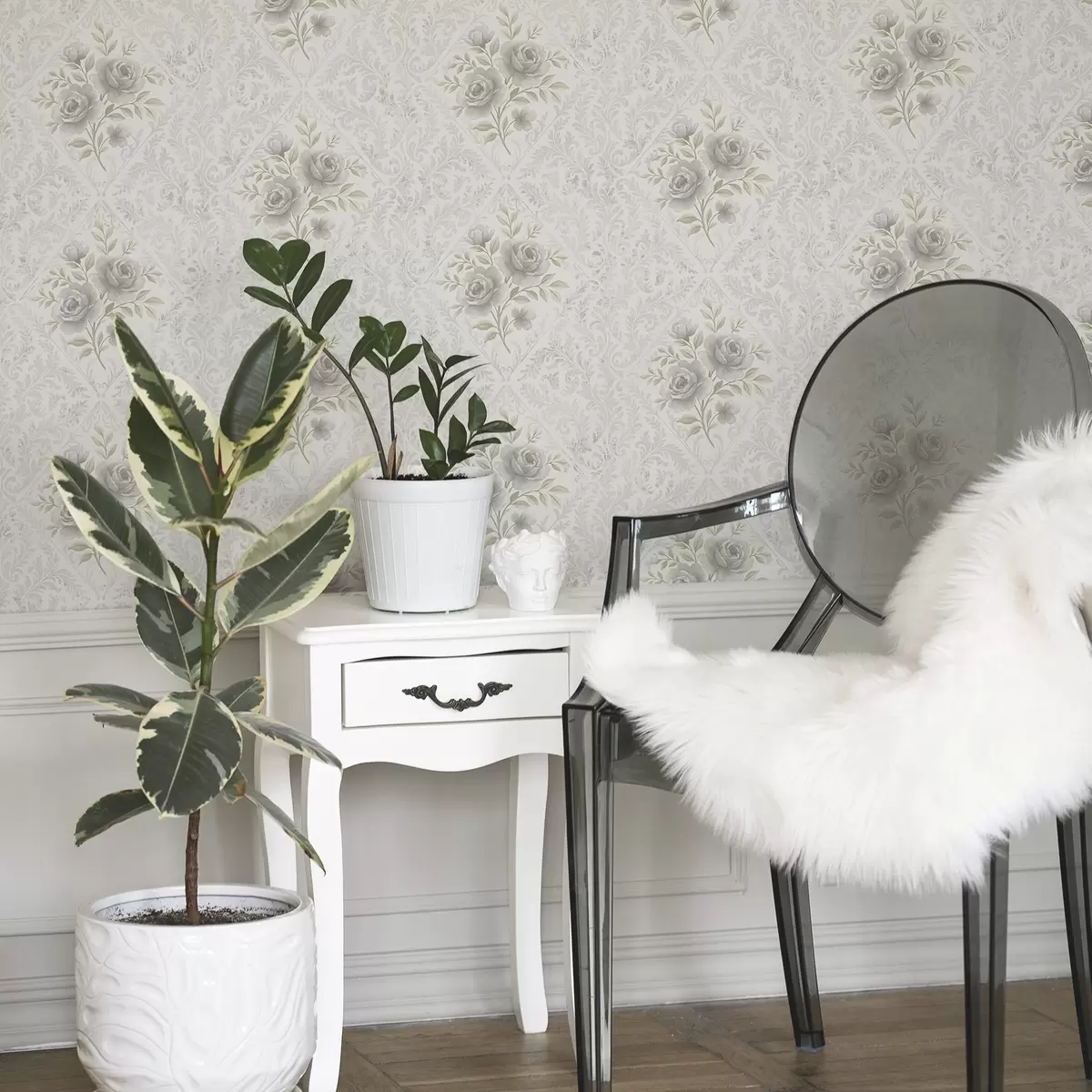 Bakgrunn Lyst damaskmønster med grå roser i myke romber a01024