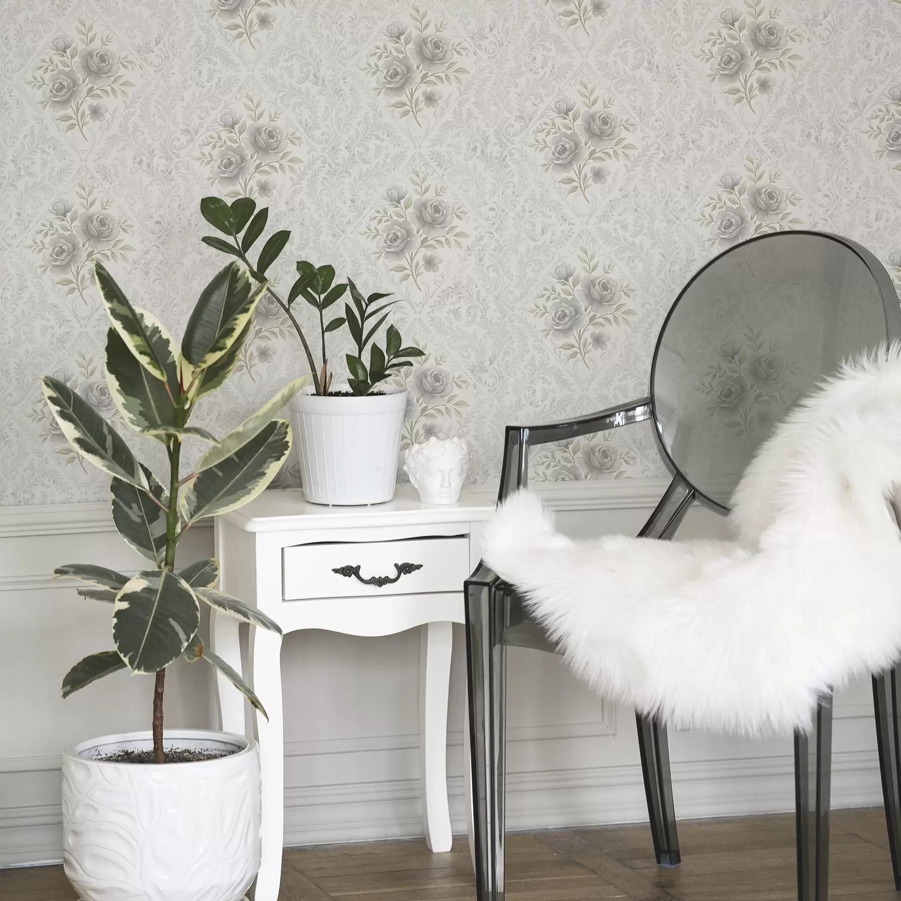 fototapeter Lyst damaskmønster med grå roser i myke romber a01024