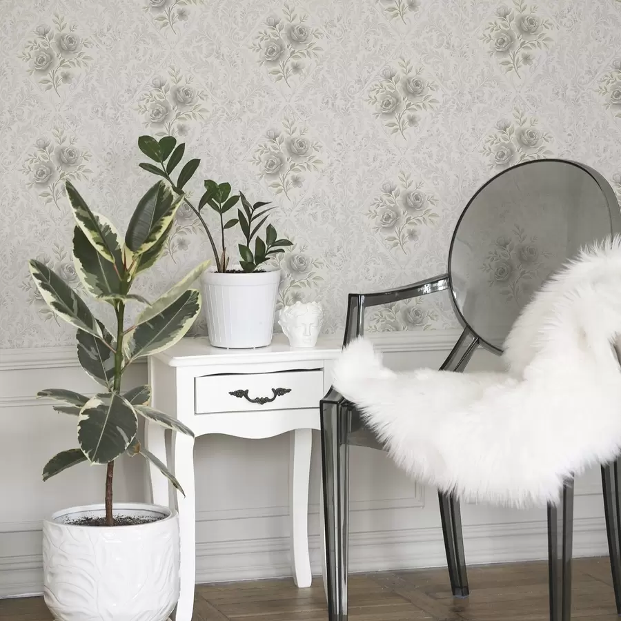 fototapeter Lyst damaskmønster med grå roser i myke romber a01024