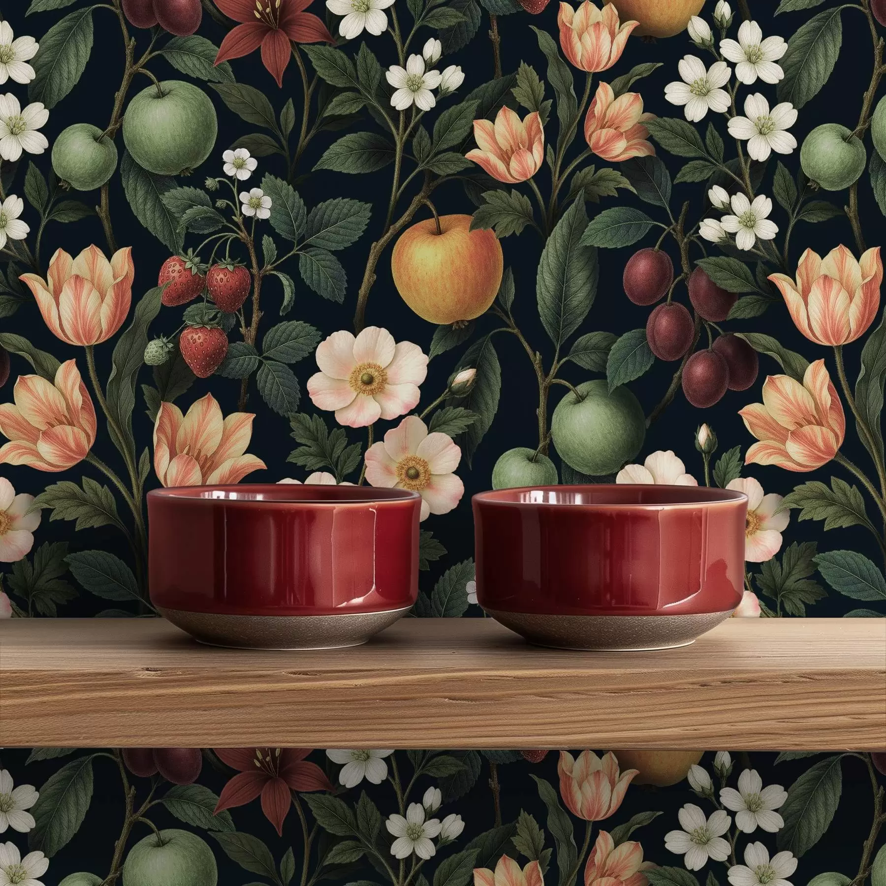 fototapeter Mørk hage med blomster, modne epler og bær a01034