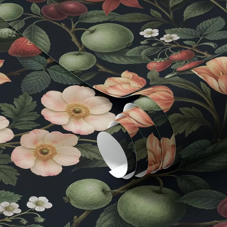 fototapeter Mørk hage med blomster, modne epler og bær a01034