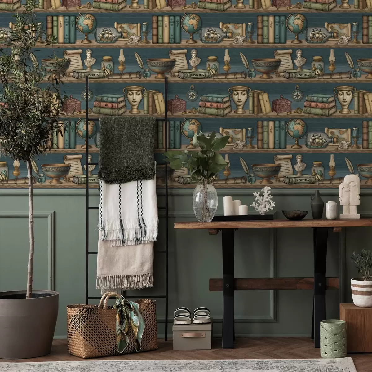 Bakgrunn Vintage hyller med bøker, en globus og sjørelaterte kuriositeter a01036