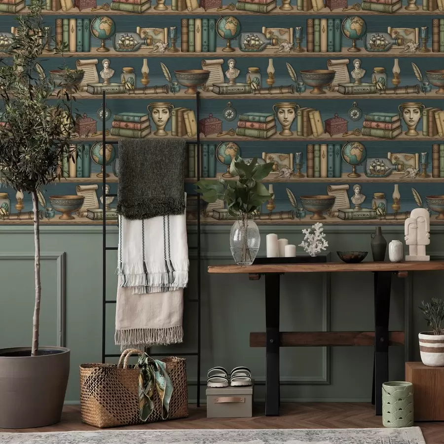 fototapeter Vintage hyller med bøker, en globus og sjørelaterte kuriositeter a01036