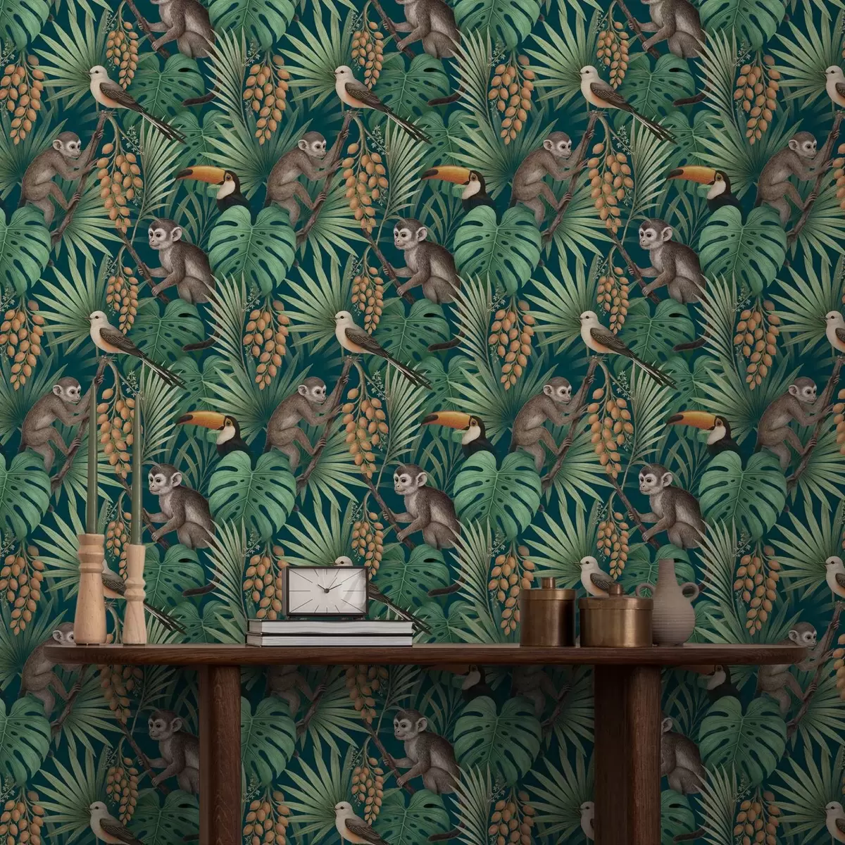 Bakgrunn Aper og tropiske fugler i tett jungelvegetasjon a01037