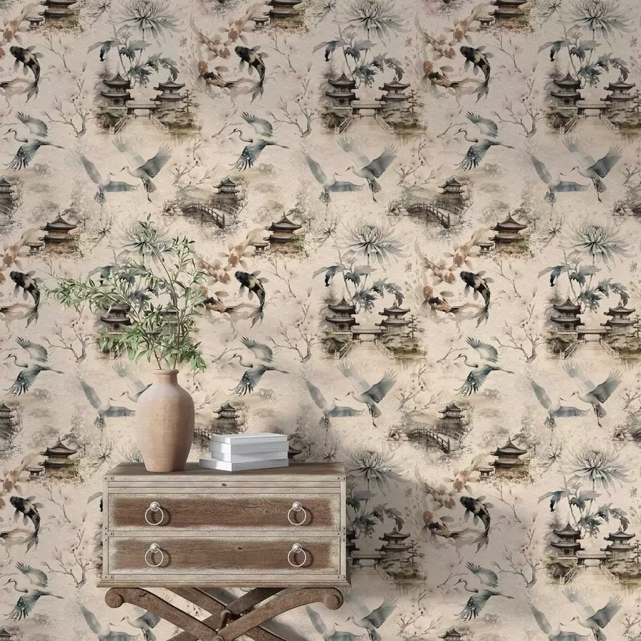 fototapeter Japanske templer, koi-fisker og traner på en myk bakgrunn a01040