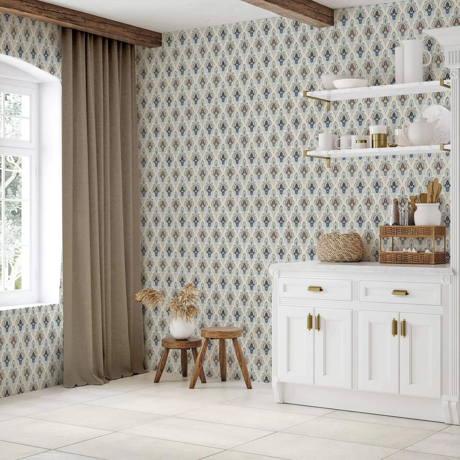 fototapeter Orientalsk mønster av små fliser i en blå-sand-palett a01044